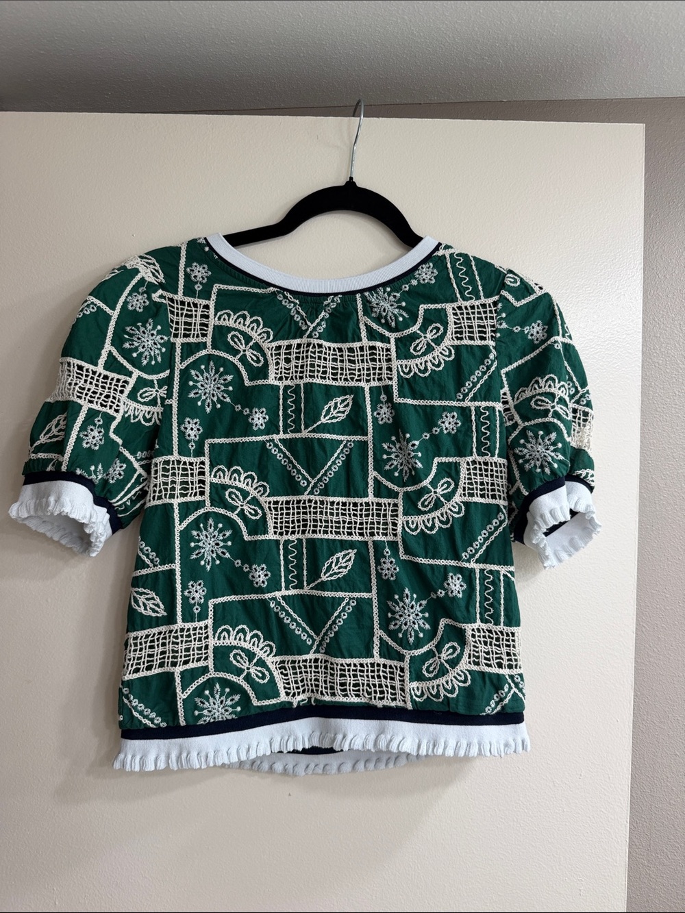Green Embroidered Short-Sleeve Blouse with White Trim